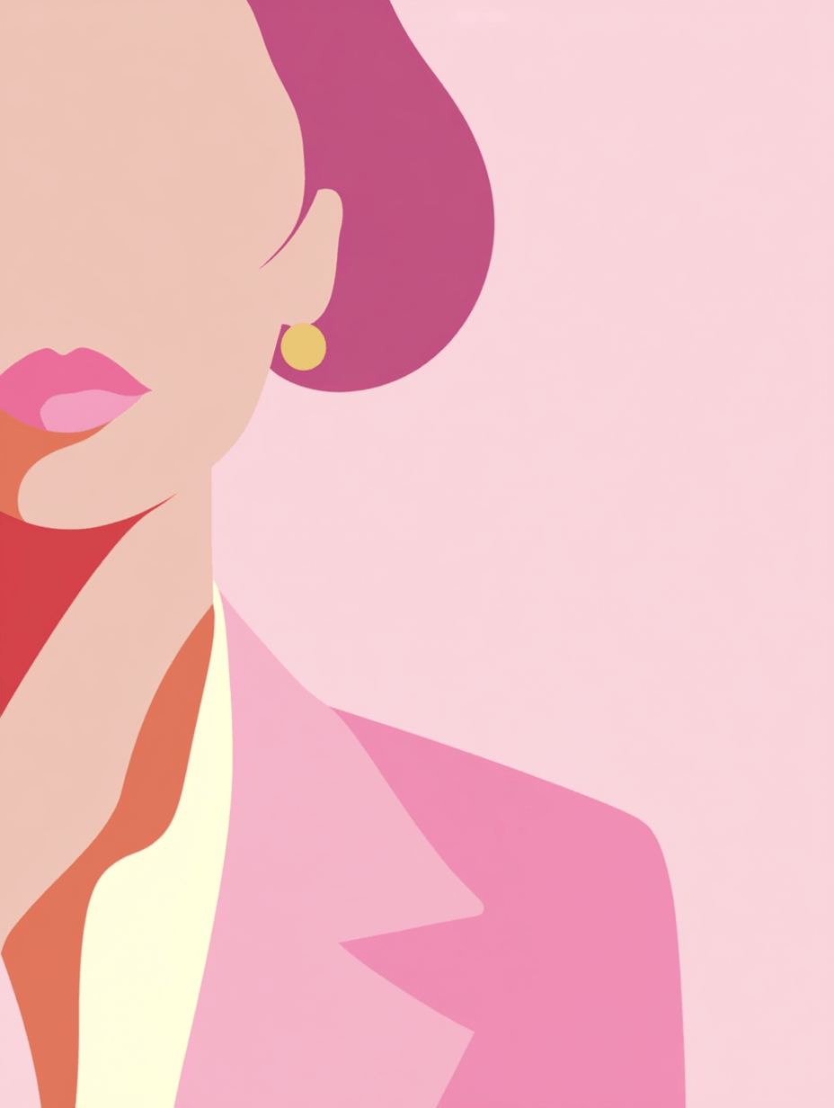 Ilustracion parcial de una mujer con arete dorado y blazer rosa